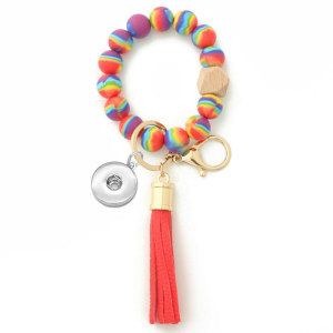 Colored Silicone Bracelet Wood Bead Wrist Key Chain fit  20MM Snaps button jewelry wholesale