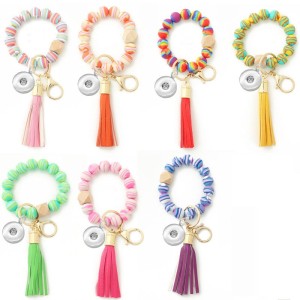 Colored Silicone Bracelet Wood Bead Wrist Key Chain fit  20MM Snaps button jewelry wholesale