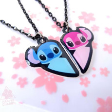 Stainless steel color printed Stitch Angel cartoon couple splicing necklace