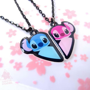 Stainless steel color printed Stitch Angel cartoon couple splicing necklace