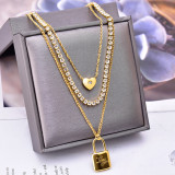 Stainless steel three-layer necklace, diamond lock, love box, green zircon necklace