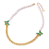 Pearl Green Leaf Pattern Diamond Butterfly Necklace Bracelet Earrings