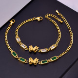 Stainless steel rectangular zircon frosted butterfly white green diamond bracelet