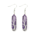 Hand wrapped natural stone crystal hexagonal prism amethyst life tree earrings