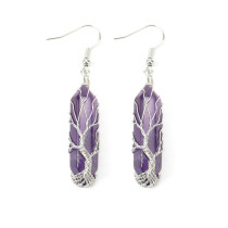 Hand wrapped natural stone crystal hexagonal prism amethyst life tree earrings