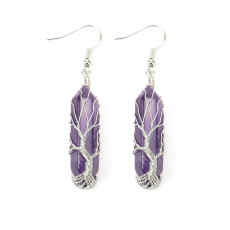 Hand wrapped natural stone crystal hexagonal prism amethyst life tree earrings