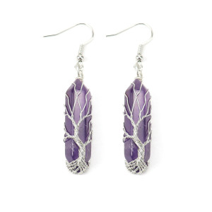 Hand wrapped natural stone crystal hexagonal prism amethyst life tree earrings