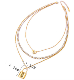 Stainless steel three-layer necklace, diamond lock, love box, green zircon necklace