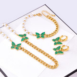 Pearl Green Leaf Pattern Diamond Butterfly Necklace Bracelet Earrings