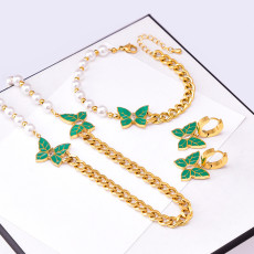 Pearl Green Leaf Pattern Diamond Butterfly Necklace Bracelet Earrings