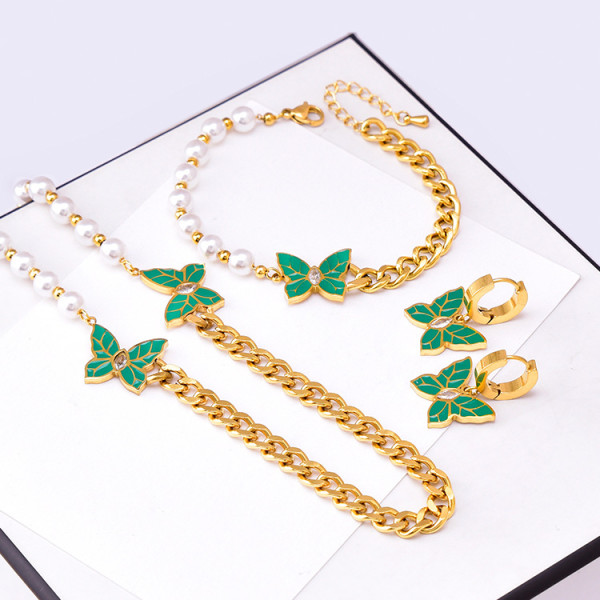 Pearl Green Leaf Pattern Diamond Butterfly Necklace Bracelet Earrings
