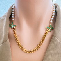 Pearl Green Leaf Pattern Diamond Butterfly Necklace Bracelet Earrings