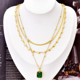 Stainless steel three-layer necklace, diamond lock, love box, green zircon necklace