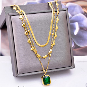 Stainless steel three-layer necklace, diamond lock, love box, green zircon necklace
