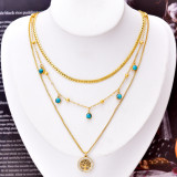 Stainless steel three-layer necklace, diamond lock, love box, green zircon necklace