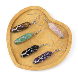 Hand wrapped natural stone crystal hexagonal prism amethyst life tree earrings