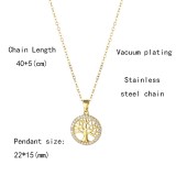 Stainless Steel Round Hollow Life Tree Pendant Zircon Necklace