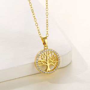 Stainless Steel Round Hollow Life Tree Pendant Zircon Necklace