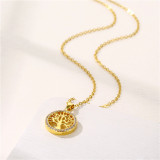 Stainless Steel Round Hollow Life Tree Pendant Zircon Necklace