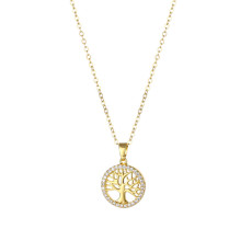 Stainless Steel Round Hollow Life Tree Pendant Zircon Necklace
