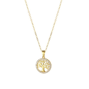 Stainless Steel Round Hollow Life Tree Pendant Zircon Necklace