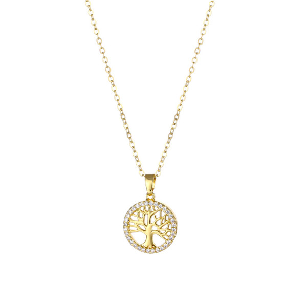 Stainless Steel Round Hollow Life Tree Pendant Zircon Necklace