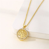 Stainless Steel Round Hollow Life Tree Pendant Zircon Necklace