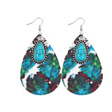 Western denim style Aztec feng shui drop leather earrings with alloy turquoise accessories