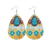 Western denim style Aztec feng shui drop leather earrings with alloy turquoise accessories