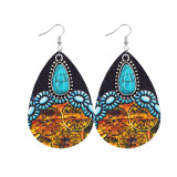 Western denim style Aztec feng shui drop leather earrings with alloy turquoise accessories