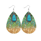 Western denim style Aztec feng shui drop leather earrings with alloy turquoise accessories