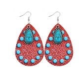 Western denim style Aztec feng shui drop leather earrings with alloy turquoise accessories