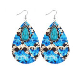 Western denim style Aztec feng shui drop leather earrings with alloy turquoise accessories