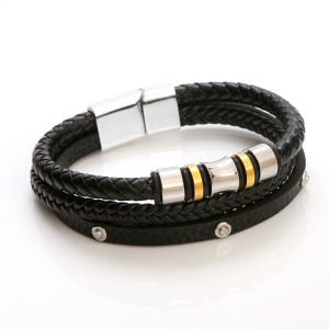 21cm Multi layer leather rivet woven stainless steel bracelet