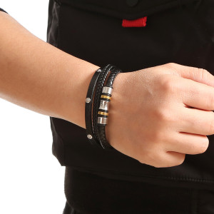 21cm Multi layer leather rivet woven stainless steel bracelet