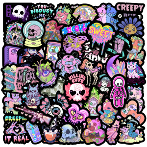 50 Purple Gothic Stickers with Black Background, Dark Cartoon, Handbooks, Laptops, Waterproof Halloween Graffiti Stickers