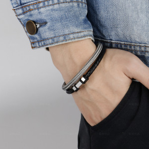 Stainless steel genuine leather woven bracelet