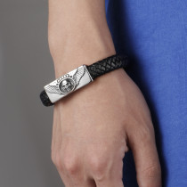 Stainless steel Winged Skull Head leather woven bracelet
