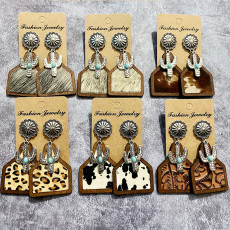 Western Vintage Genuine Leather Earrings Bohemian Horse Hair Cowhide Cactus Pinestone Earrings
