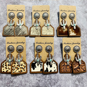 Western Vintage Genuine Leather Earrings Bohemian Horse Hair Cowhide Cactus Pinestone Earrings