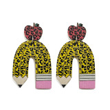 Teacher's wooden ear ring leopard pencil apple splicing Teachers'Day earrings