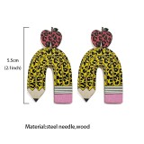 Teacher's wooden ear ring leopard pencil apple splicing Teachers'Day earrings