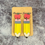 Teacher's wooden ear ring leopard pencil apple splicing Teachers'Day earrings