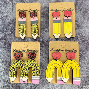 Teacher's wooden ear ring leopard pencil apple splicing Teachers'Day earrings