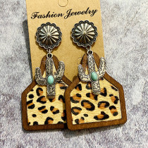 Western Vintage Genuine Leather Earrings Bohemian Horse Hair Cowhide Cactus Pinestone Earrings