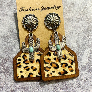 Western Vintage Genuine Leather Earrings Bohemian Horse Hair Cowhide Cactus Pinestone Earrings