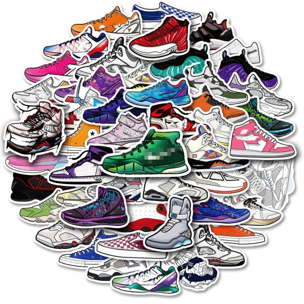 50 pieces of sneaker culture stickers, non repeating trendy brand sneakers, men's and women's hip-hop guitar skateboard, computer helmet waterproof stickers
