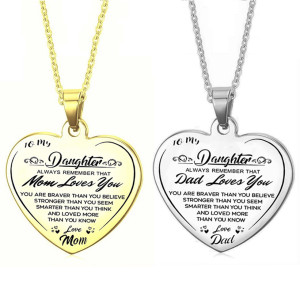 To my daughter stainless steel heart-shaped engraved pendant necklace DAD MOM daughter gift