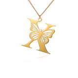 Stainless steel 26 letter hollowed out butterfly necklace