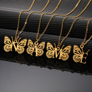 Stainless steel 26 letter hollowed out butterfly necklace